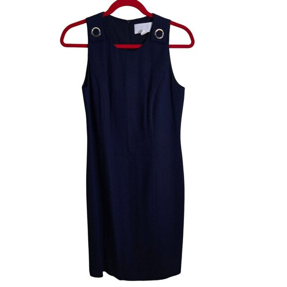 Hugo Boss Navy Virgin Wool Blend Gold Ring Detail Designer Sheath Dress Size 6 - Picture 1 of 7